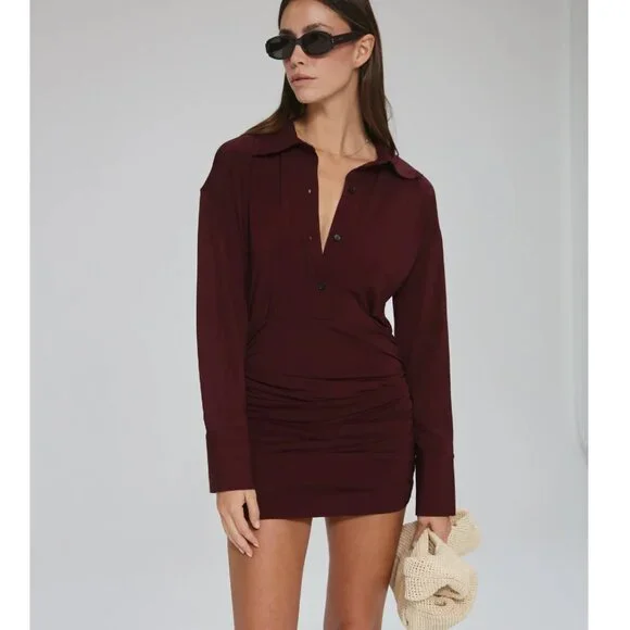 ADAPTE (NWT) Jamie Button Up Long Sleeve Mini Dress, Burgundy, Size XS - Picture 2 of 13